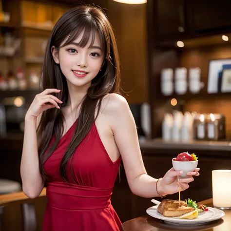 Red matte dress，laughing out loud，knee shot, There is a table with food in front，（holding food），1 female, light brown hair, blunt bangs, hair behind ears, Shoulder length hair, long hair, Slender body shape, 超face slimming型, face slimming, delicate lips, B...