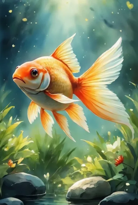 best quality, very good, 16k, ridiculous, very detailed, gorgeous(goldfish)))，made of translucent ceramics, background grassland...