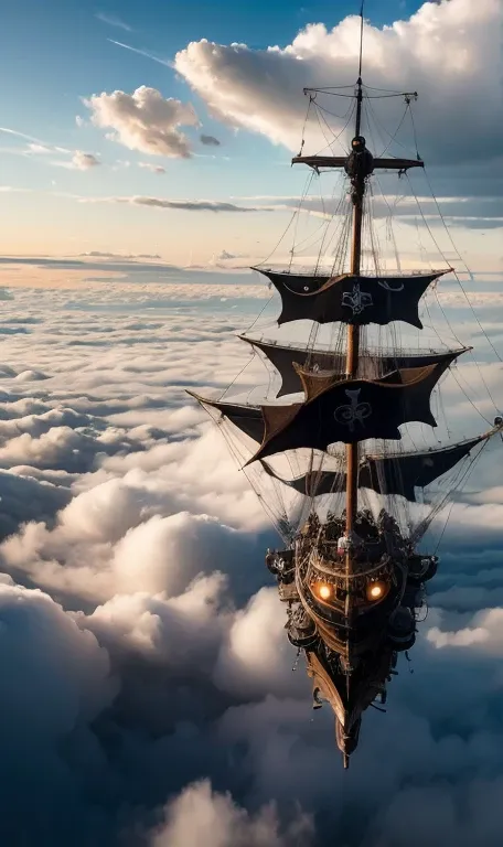 ((super luxurious flying pirate ship,,steampunk, pirate airship)),（heavenly light shines from above the clouds）, neon light, fan...