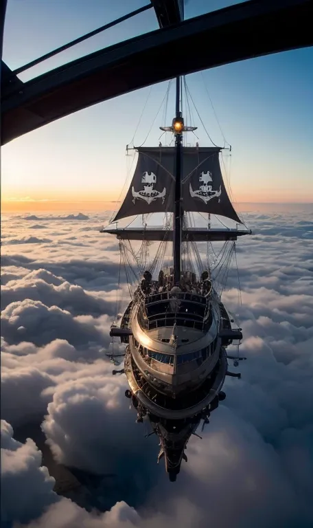 ((super luxurious flying pirate ship,,steampunk, pirate airship)),（heavenly light shines from above the clouds）, neon light, fan...