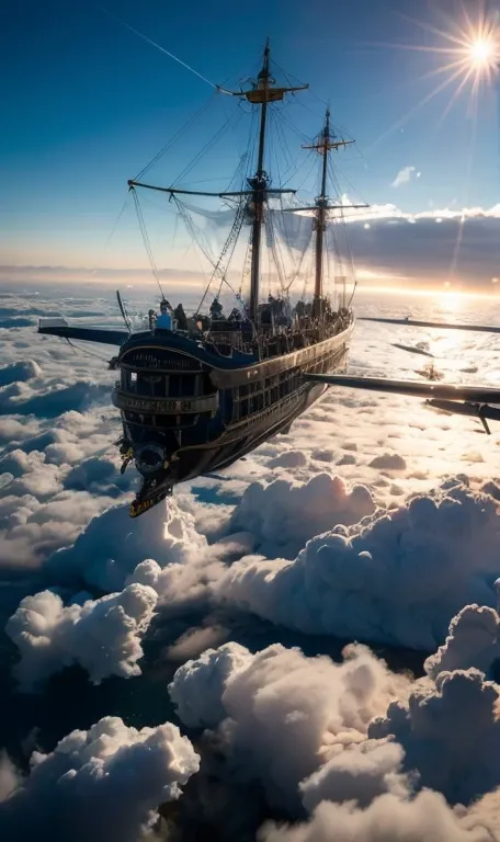 ((super luxurious flying pirate ship,,steampunk, pirate airship)),（heavenly light shines from above the clouds）, neon light, fan...