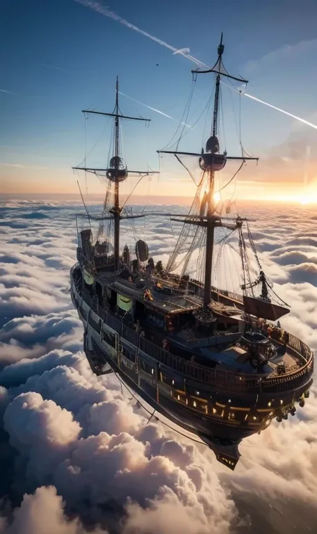 ((super luxurious flying pirate ship,,steampunk, pirate airship)),（heavenly light shines from above the clouds）, neon light, fan...