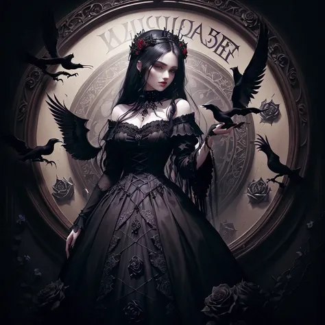 a woman in a dress with crows and roses on her shoulder, gothic art style, gothic maiden, gothic art, gothic maiden of the dark, she is the queen of black roses, gothic fantasy art, gothic aesthetic, gothic horror vibes, dark and gothic, in style of dark f...