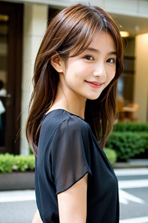 smiling japanese woman, brown color and long hair,black chiffon blouse,looking back at viewer, --style raw