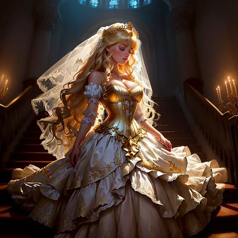 a woman in a wedding dress standing on a staircase, fairytale style, fantasy gorgeous lighting, golden corset, magical dress, by Marie Bashkirtseff, sleeping beauty fairytale, blonde - haired princess, fantasy dress, beautiful princess, inspired by Gaston ...