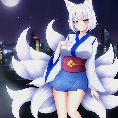 1girl, solo, short hair, white hair, fox ears, fox tails, nine tails fox, white tails fox, blue eyes, large breasts, kimono, blue white kimono, bedroom, night, shy, smile, blush, red eyeshadow,