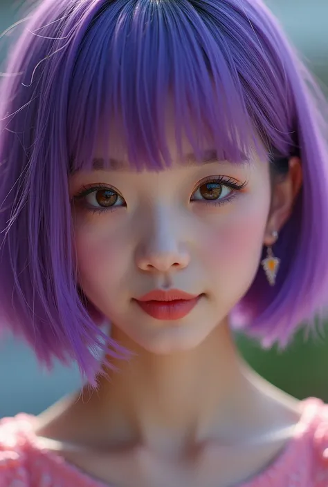 colored inner hair, expressive hair, gradient hair, smile, eyeball, earrings, purple hair, hair over one eye, bob cut, Surrealism, depth of field, f/4.0, Canon, depth of field, first-person view, 8k, UHD, retina, masterpiece, accurate, anatomically correct...