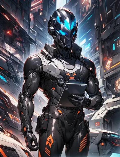 A tight-fitting black suit made of smooth material. A black bulletproof battle suit and a bulletproof full mask.。 In his left hand, he holds a tablet containing information from a secret organization. 。A mysterious agent is wearing a bulletproof full mask ...