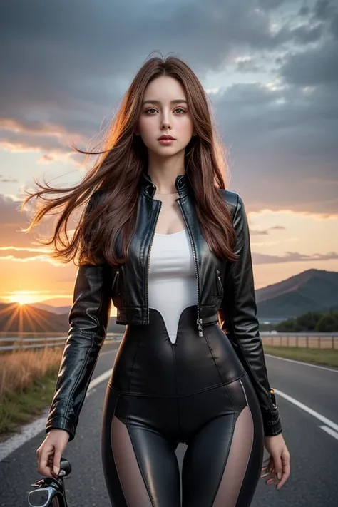 Woman riding a classic bicycle, Beautiful woman，Red long hair, Full scene shooting, best quality, Sunset, Grassland Road, Blowing,Look up at the sky， Beautiful woman, exterior, Dark red hair, Natural landscape, rot，leather jacket, Umbilicus, Tights， Sexy l...