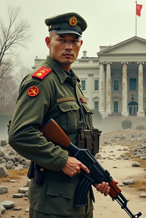 masterpiece:1.2, best quality, Abstract art) Asian male, with a shaved head, in the uniform of the army of communist China, with a Chinese symbol on his cap, stands against the backdrop of the destroyed White House in the USA, holds a Russian machine gun w...