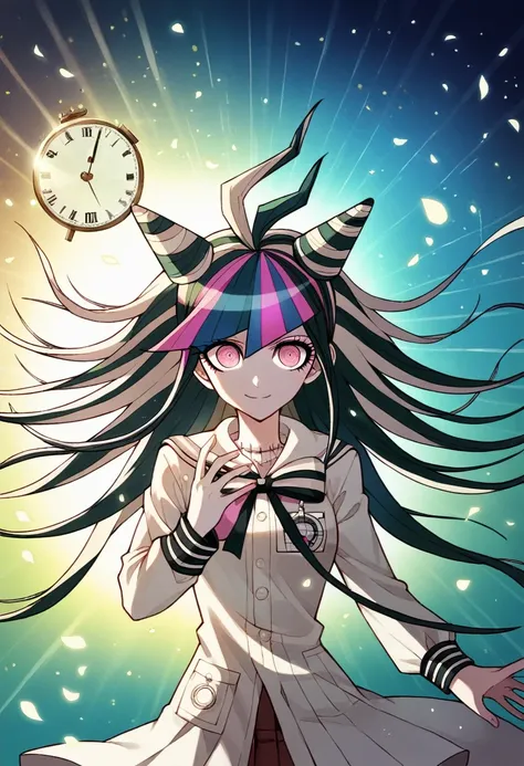 Ibuki Mioda /(Danganronpa/), Bank Super Details, masterpiece, 8k, MasterpieceRealistic shadows, wind, gradient, Volumetric Lighting, cute, Ambient Lighting, colorful, Glowing particles, A girl with beautiful, fine eyes, Alone, (Original Costume), Dungeon B...