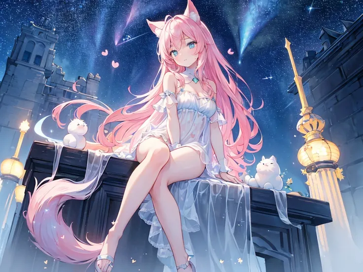 ((masterpiece)), ((Best Quality)), ((High resolution)), ((Highly detailed CG synthesis 8k wallpaper)), ((Beautiful starry sky, comet:1.3)), (Animal Ears), (Light pink hair), ((Fatty face)), ((Heart-shaped eyes:1.3)), (Detailed eyes), ((Wearing a see-throug...