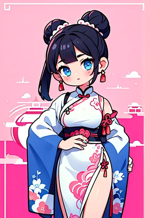 Black Hair　Bangs　Bun Hair　White chignon　Blue Eyes　Pink Chinese dress　China Background　beautiful girl