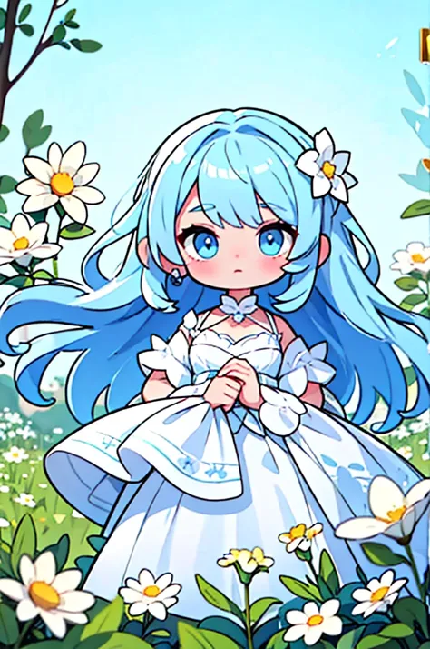 Light blue hair　Medium Hair　Light blue eyes　White flower hair ornament　beautiful girl　White dress　Flower Field