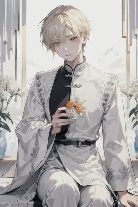 One young man、A transparent room、Lots of white furniture、Daytime、Speaking in front of a microphone、Sitting alone、Upper Body、Age: 20、Fashionable clothes、delicate、Hairstyle: Short wolf、Blonde、Inner white、Orange eyes、Smile、Masterpiece、singer、Cool impression、G...