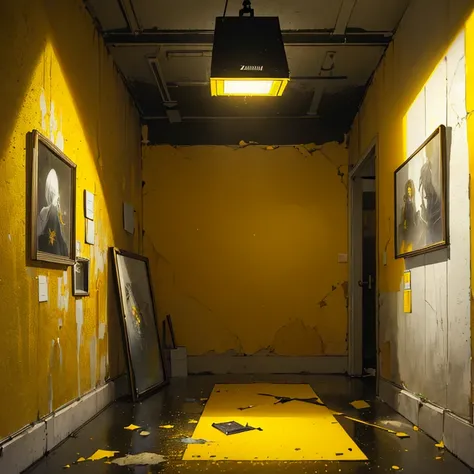 realistic, dark, (art by Mathias Goeritz:1.5), real, atmospheric scene, analog film photo, grim, yellow palette, found footage, LiminalSpace of Empty room with yellow walls and yellow carpets, yellow walls and wallpaper with pale yellow carpet on floor and...