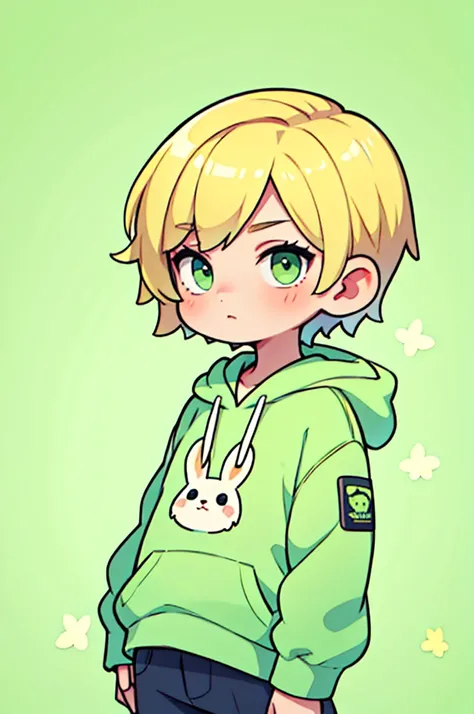 Blonde　Short Hair　Green Eyes　Beautiful Boy　Pastel Green Hoodie　Rabbit Background