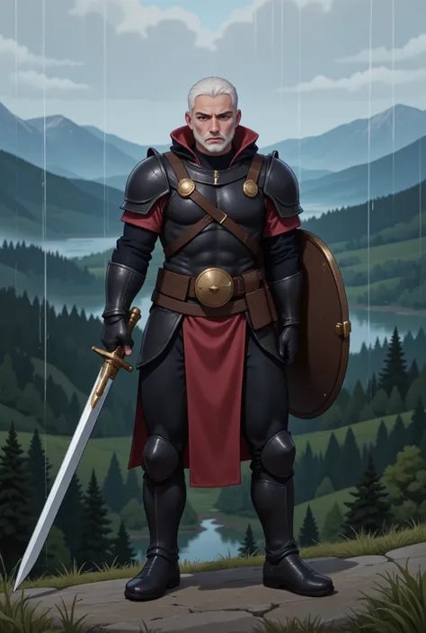 Flat colour anime style image showing a warrior in black and red leather armor with brown straps, holding a silver sword in one hand with shield the other. He has short white hair and beard, and a determined look on his face. Rain falls down as he stands o...