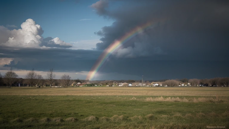 blue sky, 2000s, rainbow, green grass