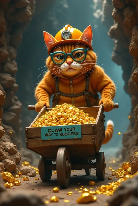 Mining cat pushing a mining cart, full of gold and motivational phrases 