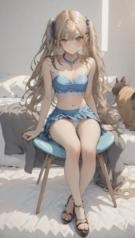 (((Adult transgender woman)): (Very short white pleated miniskirt. strapless lace blue crop top, lace under panties, very small breasts (cute eye glasses). Brown eyes, showing the whole body, brown skin color, ((Black long hair)). High heel silver sandals,...