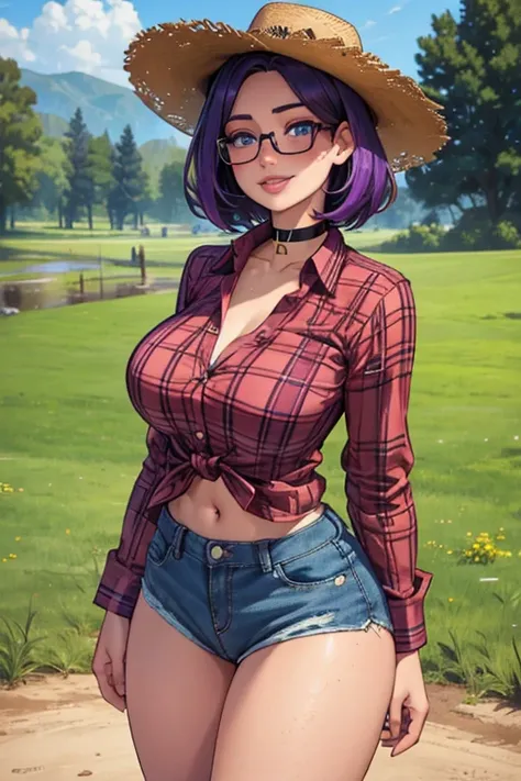 Beautiful young teenager, 1girl, purple hair, blue eyes, extremily short hair,  (freckles: 1.2), framed eyeglasses, heart shaped choker, happy, smiling, blushing, thick lips, (full lips: 1.3), huge breasts, very thin body, (plaid shirt: 1.3), shirt tied be...