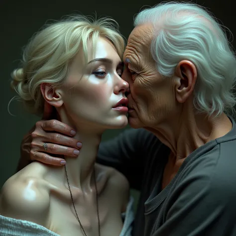 (photorealism:1.2),  The long and thin throat of the beautiful blonde-haired white-skinned goddess is squeezed, by old woman 