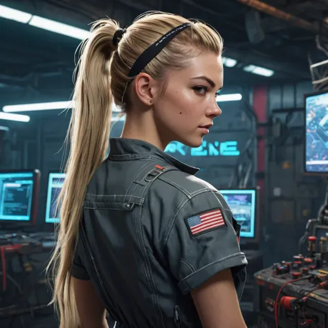 Gadget Hackwrench, realistic character, long straight blonde hair, ponytail with headband, mechanics unzipped jumpsuit with short sleeves, alone, modern, cyberpunk athmosphere, nuclear war details, cyberpunk background
