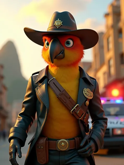 **Zé Carioca**, the iconic **Brazilian parrot**, is dressed as a **sheriff** in a **traditional American sheriff uniform**, complete with **badges and a hat**, confidently holding a **shotgun**. He stands in front of a **police patrol vehicle** with **poli...