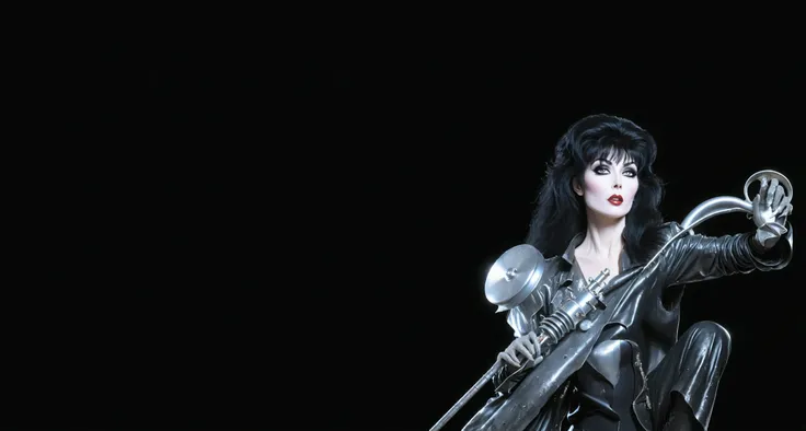 araffe woman in latex holding a large metal object, elvira in tattered clothes, fan art, as a retrofuturistic heroine, high quality wallpaper, prince, hq artwork, profile shot, in metal hurlant, alice cooper, maggie cheung, björk, biopic, kiss, hajime sora...