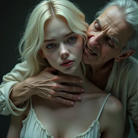 (photorealism:1.2),  The long and thin throat of the beautiful blonde-haired white-skinned goddess is squeezed, by old woman 