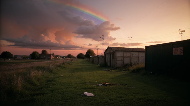 red sky, 90s, wallpaper, rainbow, green grass, trash, horror wallpaper liminal space, place, ruined, darkness, city