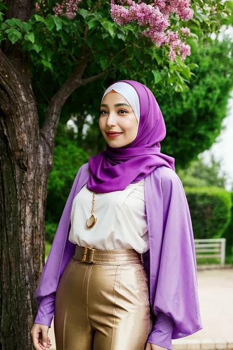 The picture was a portrait of a young woman wearing a light purple hijab, and wearing a light purple blouse, She was standing in front of a planted tree and holding a black-plated handbag with a gold chain strap. The hijab covered her head and shoulders, a...