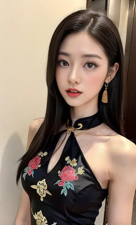 A beautiful woman in a cheongsam。She was wearing a red cheongsam，The cheongsam is embroidered with golden patterns，Like a blooming peony，Like a fluttering butterfly。The neckline of the cheongsam is very low，Revealing her fair neck and collarbone，There is a...