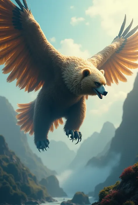 A creature that combines a bear and a Steller&#39;s sea eagle, Flying、Epic mythology, Magical creatures, Character Concept Art, Surreal Scene, Bright and saturated colors, Mysterious atmosphere, fairy tail, (Best Quality, Masterpiece Ultra High Image Quali...