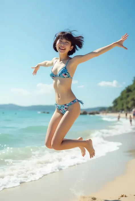 1, Japanese, female, patterned bikini, beach background, full body image, dynamic, photo quality, not an illustration, fair skin, adorable, short hair, jumping