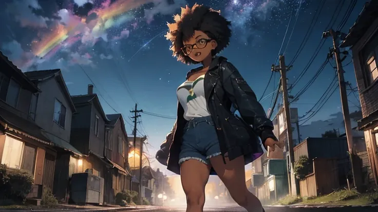 night sky, 90s, wallpaper, rainbow, green grass, trash, horror wallpaper liminal space, place, ruined, darkness, city, people, animals, 1 female, afro hair, darker skin, brown hair, huge breast, thick legs, brown coat, blue jeans, sad face, shock eyes, ope...