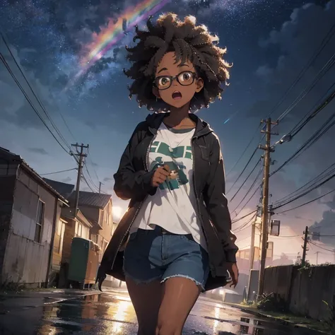 night sky, 90s, wallpaper, rainbow, green grass, trash, horror wallpaper liminal space, place, ruined, darkness, city, rain shower, people, animals, 1 female, afro hair, curly hair, darker skin, brown skin, huge breast, thick legs, brown coat, blue jeans, ...