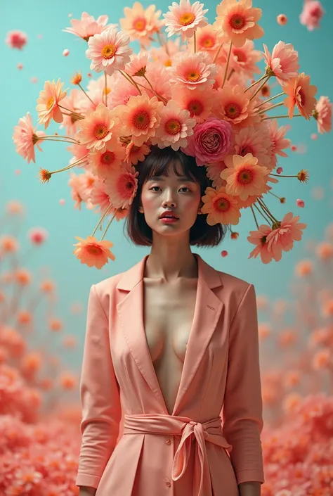 Subject: A model with flowers bursting in motion around them. The flowers are swirling and levitating, blending seamlessly with the models attire.

Visual Impact: A high-energy, artistic composition where the flowers and attire create a harmonious yet chao...