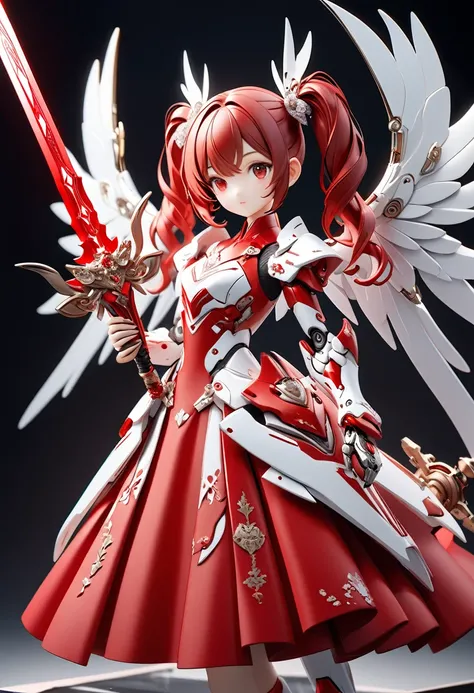 Blind box toy style 3DCG art.A red-haired girl with twin tails wearing flashy robot armor、Red eyes、Beautiful skin with attention to detail、Red and white robot armor、Mr.々The mechanism is exposed in some places..、(In one hand he holds a beautiful red stylish...