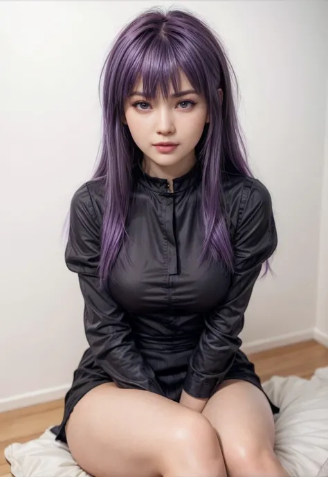 Ayane, purple hair, (best quality, ultra-detailed), (realistic:1.37), beautiful and detailed face, ultra-realistic texture, delicate face, delicate body, red lipstick, long-lasting colors. high definition, 8K. expression with a sexy look