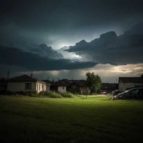 night sky, 90s, wallpaper, dark sky, green grass, trash, horror wallpaper liminal space, place, ruined, darkness, city, rain shower, thunderstorm, heavy rain, lighting, glitching, error, city, houses