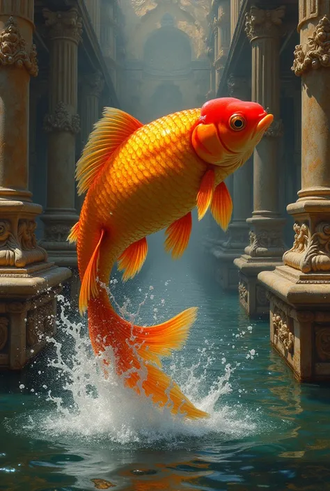 An elaborate baroque-style painting featuring a majestic goldfish leaping from an intricately designed marble fountain. The water splashes are detailed in a dramatic, flowing manner, with golden light reflecting off the fish’s scales. Rich, dark colors and...