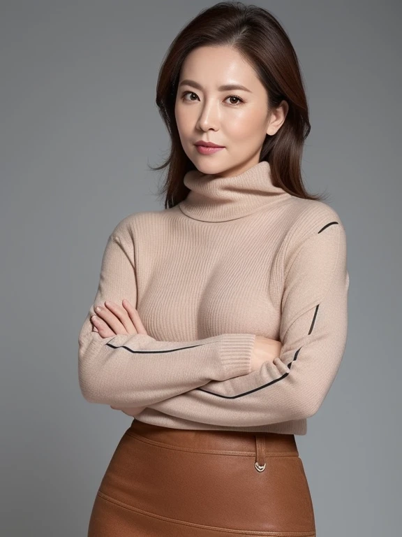 hight resolution, high-level image quality, high detailing, ​masterpiece, Textured skin, tre anatomically correct, sharp, greybackground((japanese mature, 30-years old)), Alone, ((Wrinkles on the face)), large breasts with good shape, Straight light brown ...