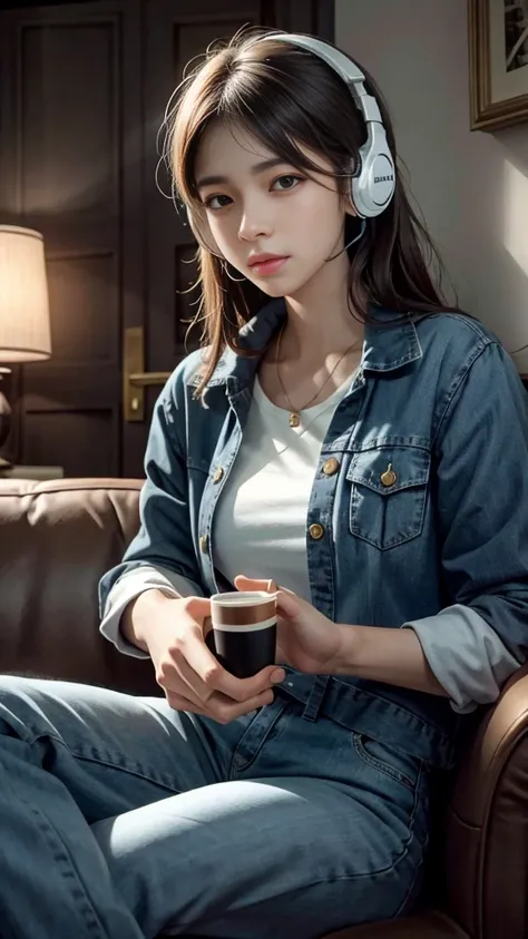 lofi girl sitting in a classic room listening to music in headphone, There was a woman sitting on a sofa wearing headphones, a photorealistic painting inspired by Ayami Kojima, Trend of CGsociety, Digital art, Realistic art style, with headphone, Photoreal...