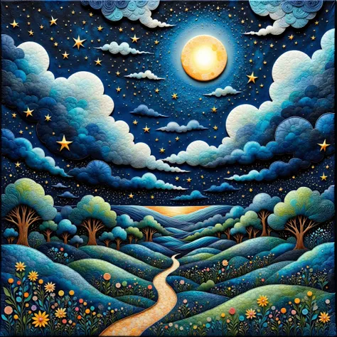 (masterpiece, best quality:1.2), landscape painting of the night sky with moon and stars,handmade style