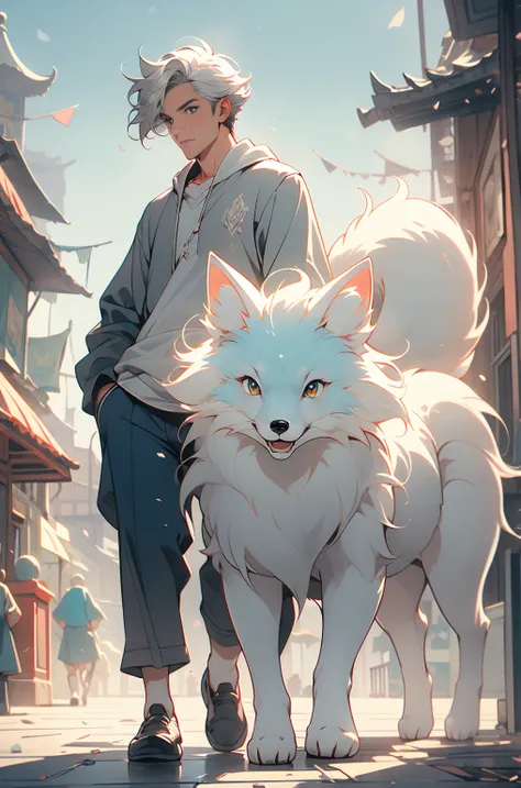 a silver-haired man,Walk the streets of the fantasy world adventure city,There is a cyan and white gradient fox on the shoulder.