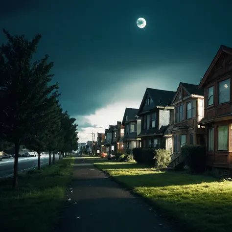 night blue sky, 90s, wallpaper, dark sky, green grass, trash, horror wallpaper liminal space, place, ruined, darkness, city, houses