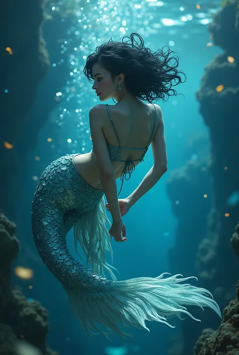 a girl with a fish tail, beautiful detailed eyes, beautiful detailed lips, extremely detailed face, long eyelashes, half human half fish, underwater scene, glowing bioluminescent light, fantasy, cinematic lighting, vibrant colors, highly detailed, intricat...