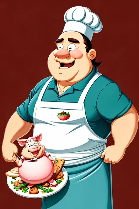 cartoon chef holding a plate with a pig on it, happy chef, caricature illustration, caricature style, best chef, harry volk clip art style, ogre chef in an apron, hd illustration, holding meatloaf, by Melissa Benson, piggy, by Carla Wyzgala, peter griffin,...